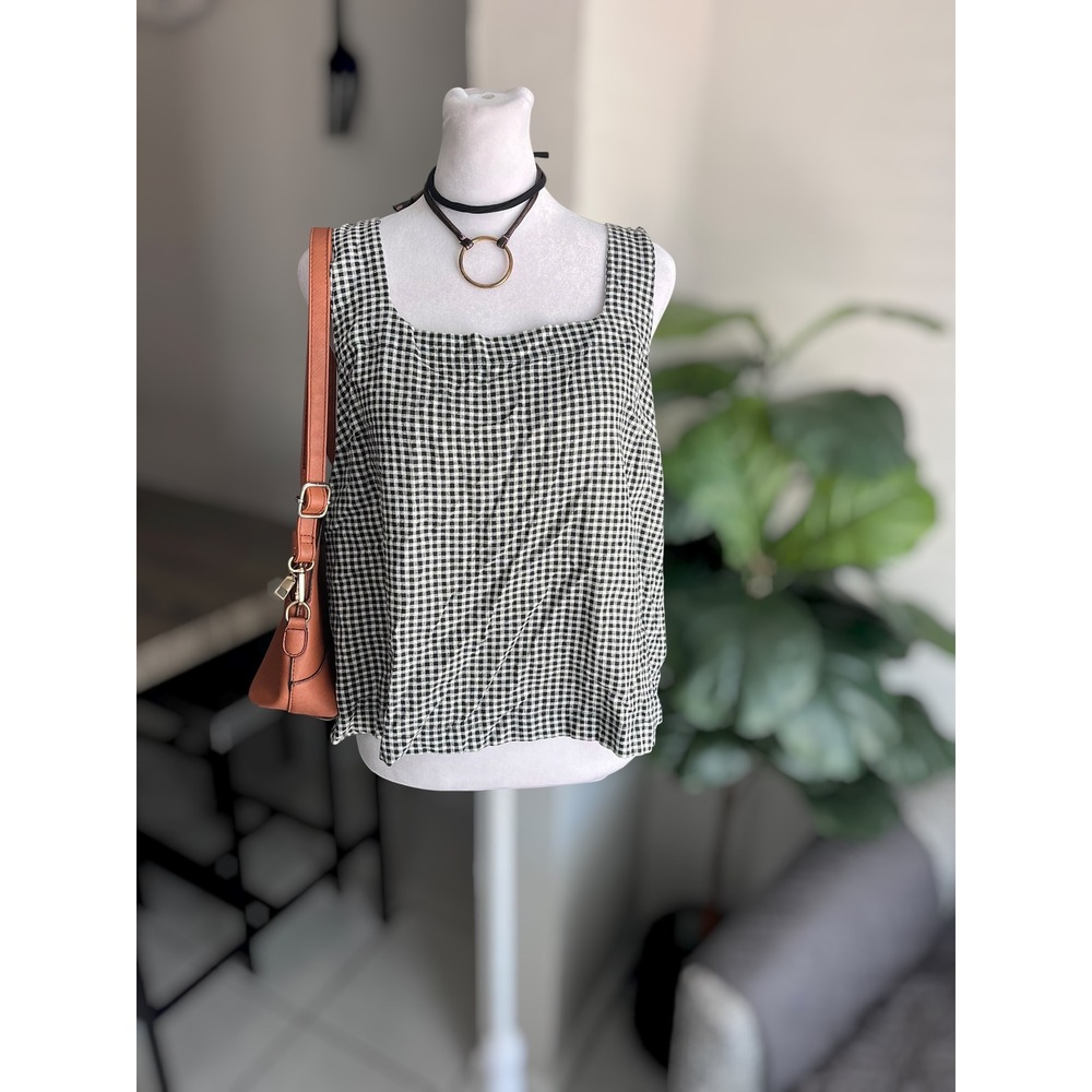A New Day Gingham Linen Blend Square Neck Tank Top Size L